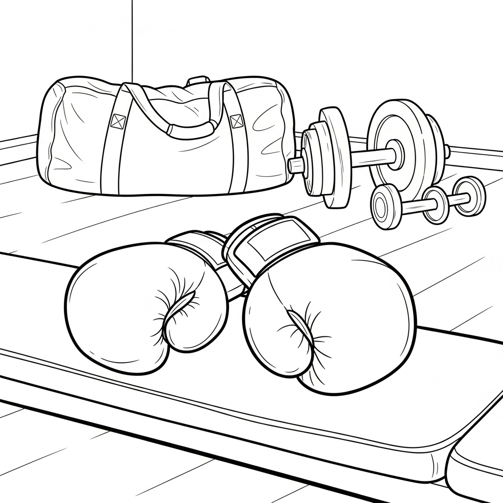 Página para Colorir Luvas de Boxe Fáceis em Sala de Equipamentos Esportivos coloring page printable