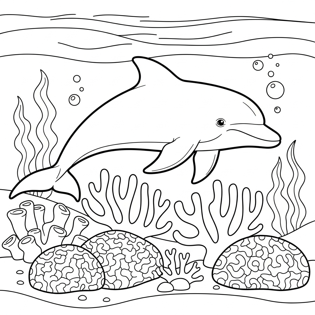 Eenvoudige Koraalrif Kleurenpagina met Dolfijn coloring page printable