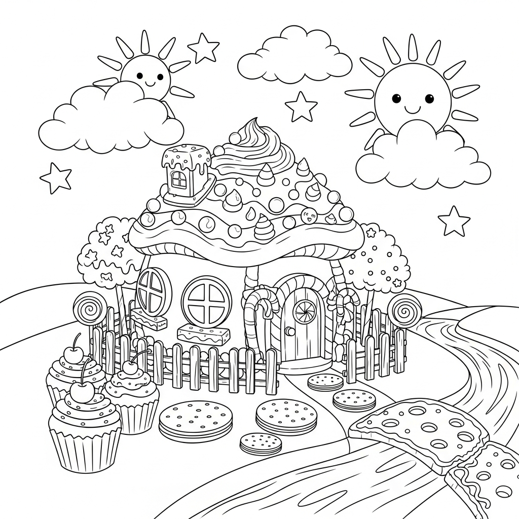 Einfaches Verzaubertes Waldhaus mit Süßigkeiten Malvorlage coloring page printable