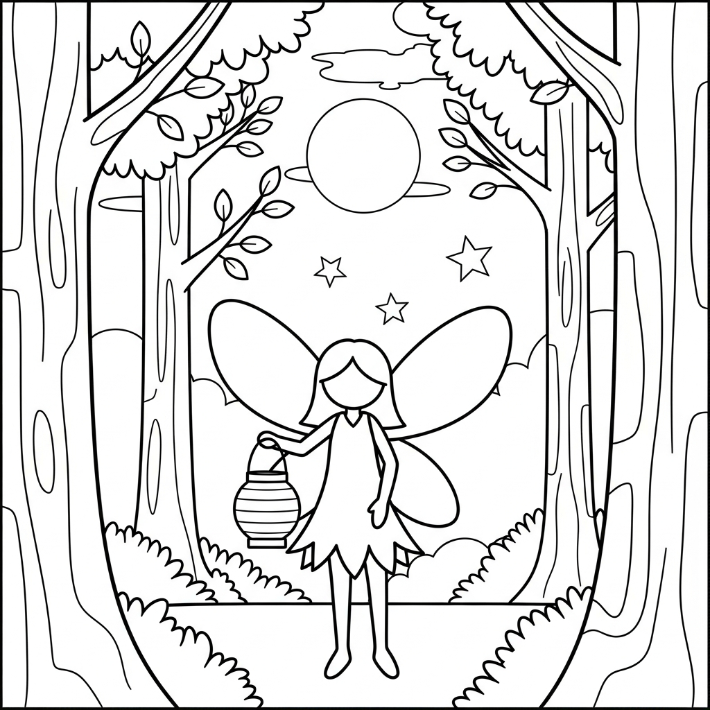 Página de Colorir: Fada Simples com Lanterna na Floresta Noturna coloring page printable