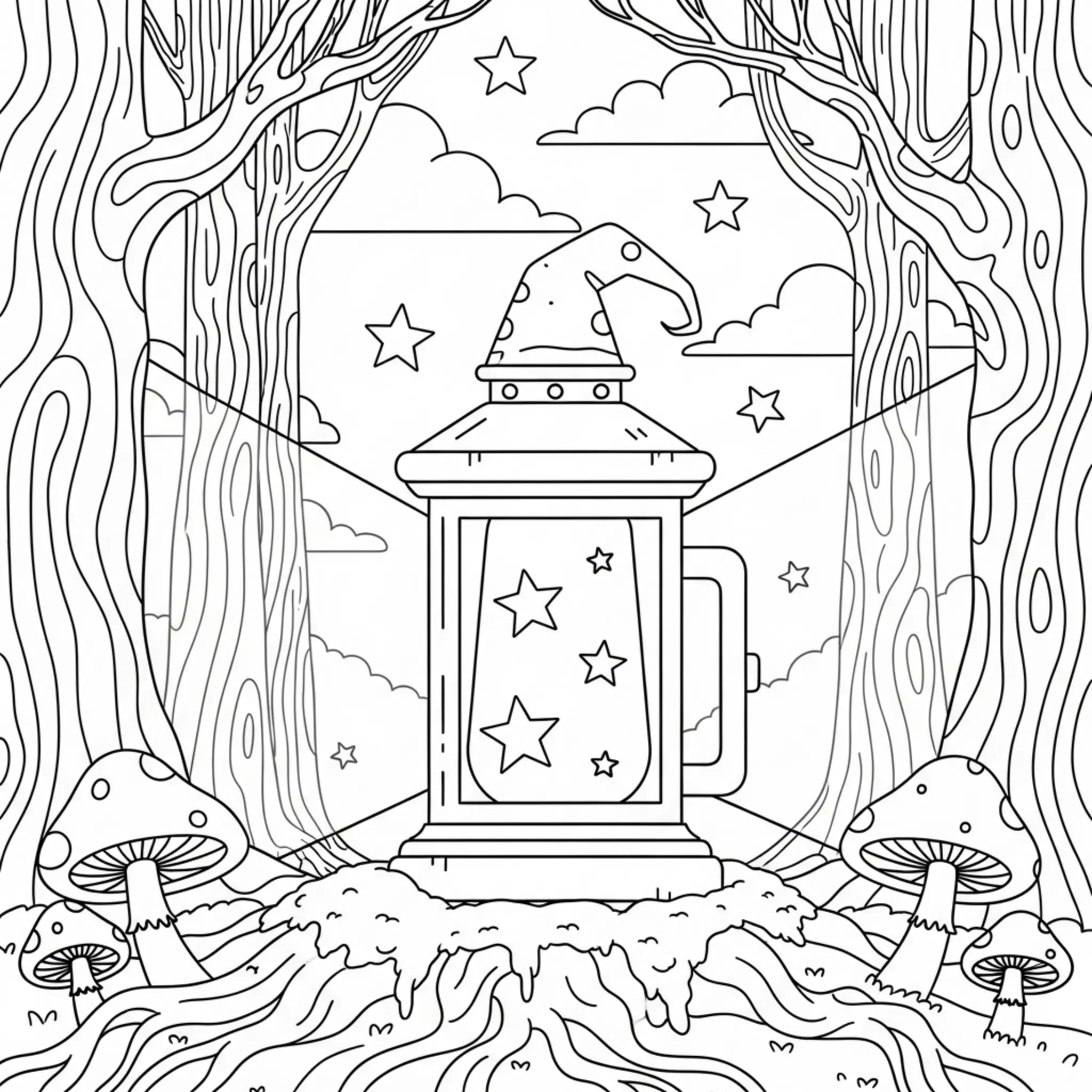 Easy Simple Magic Lantern In Enchanted Forest Coloring Page coloring page printable