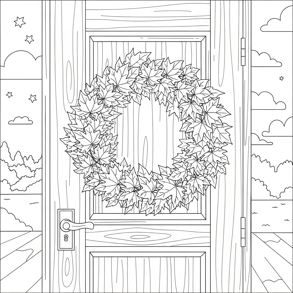 Charming Maple Leaf Wreath Coloring Page for Kids coloring page printable
