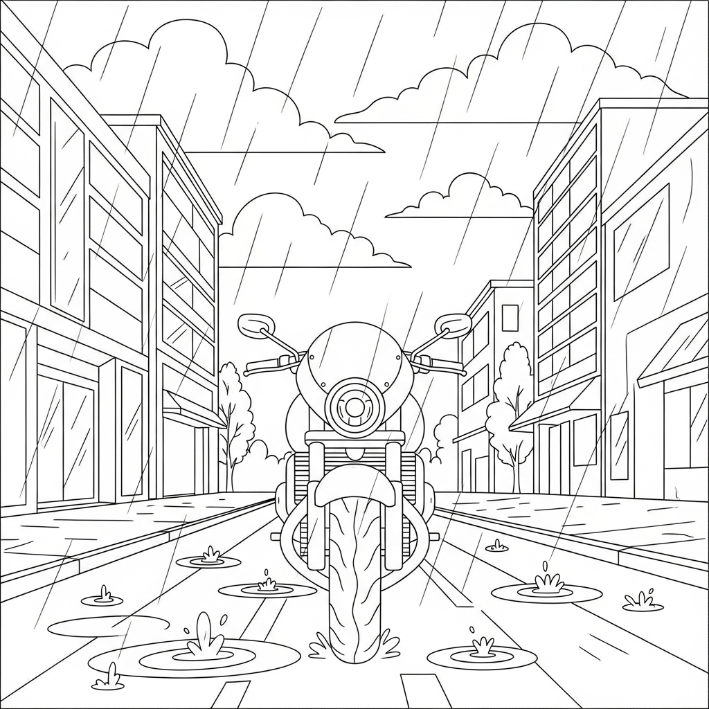 Eenvoudige Motorfiets Op Regenachtige Straat Kleurplaat coloring page printable
