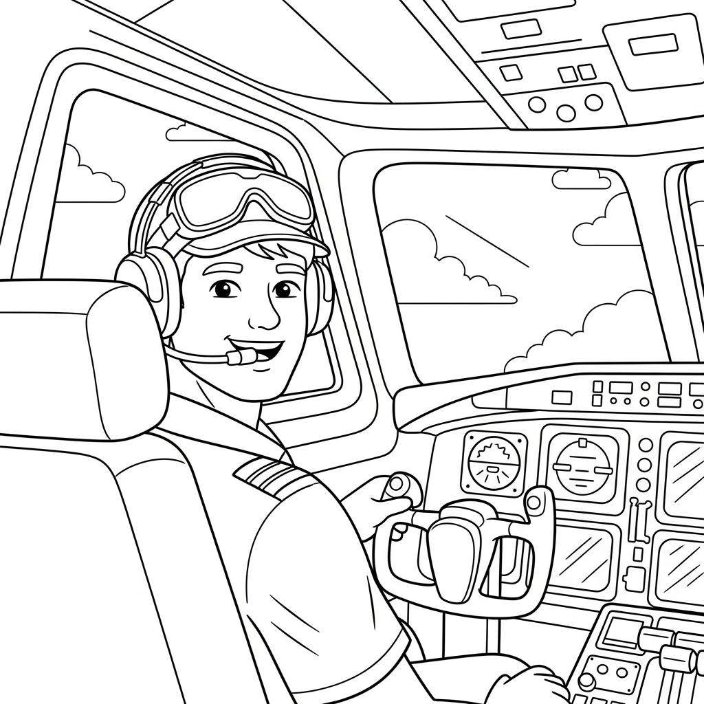 Página Para Colorear de Piloto Sencillo en Uniforme con Auriculares de Aviación coloring page printable