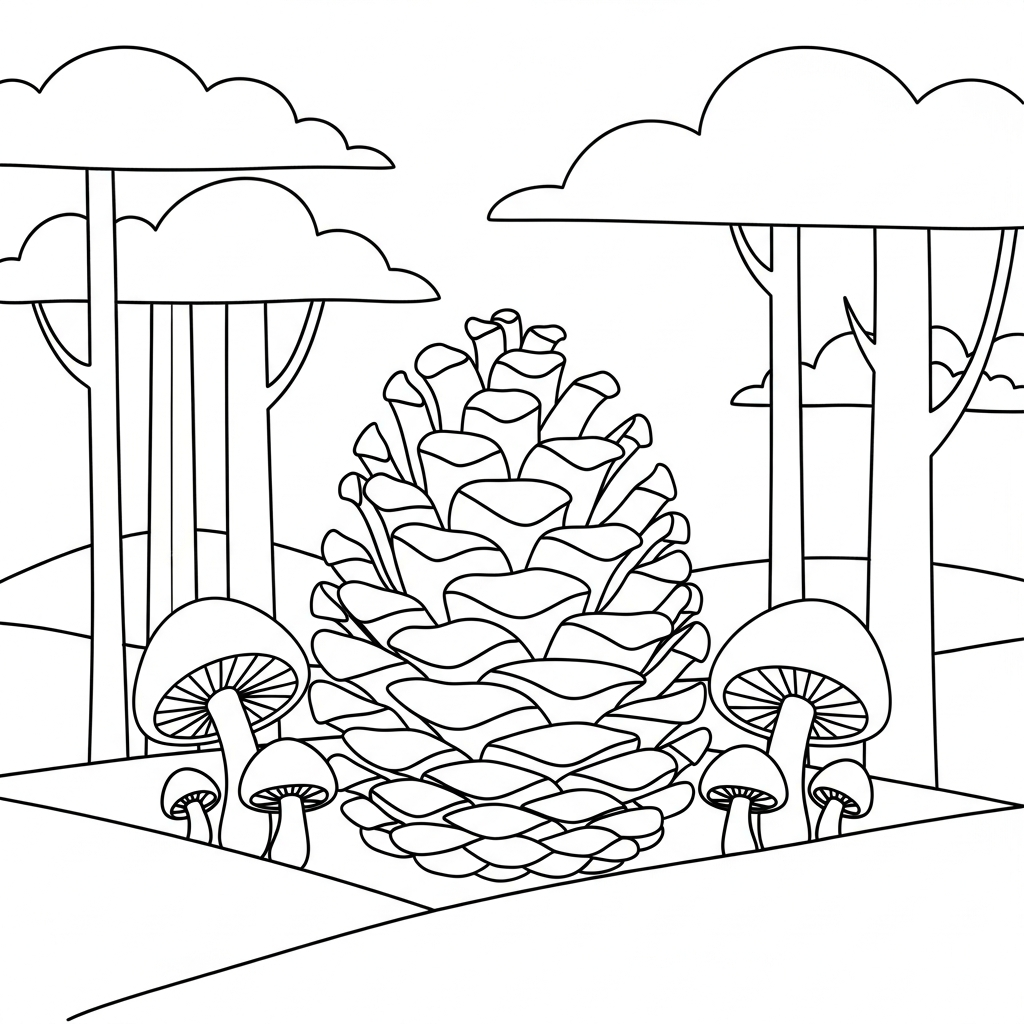 Pagina da Colorare Facile: Pigna con Funghi nel Bosco coloring page printable