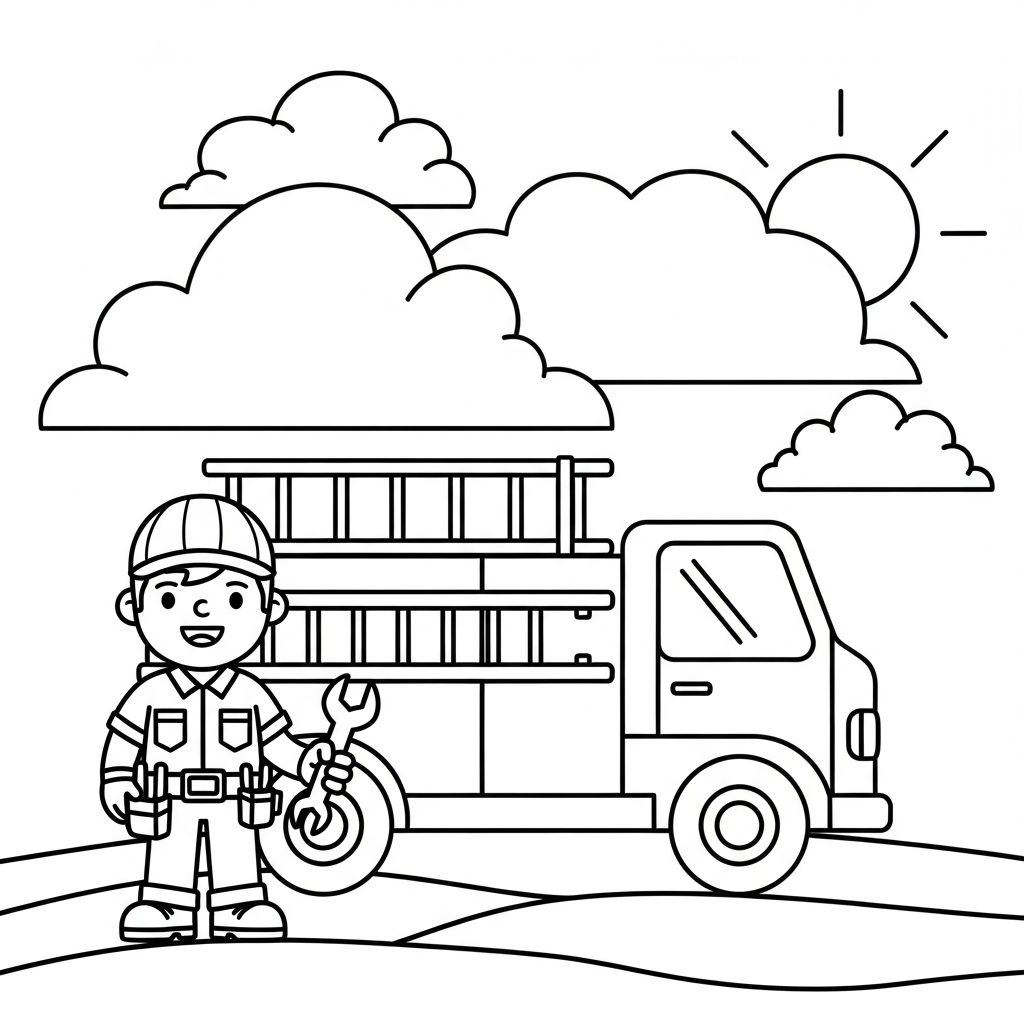 Eenvoudige Kleurenpagina van een Loodgieter met Gereedschap bij een Werktruck coloring page printable