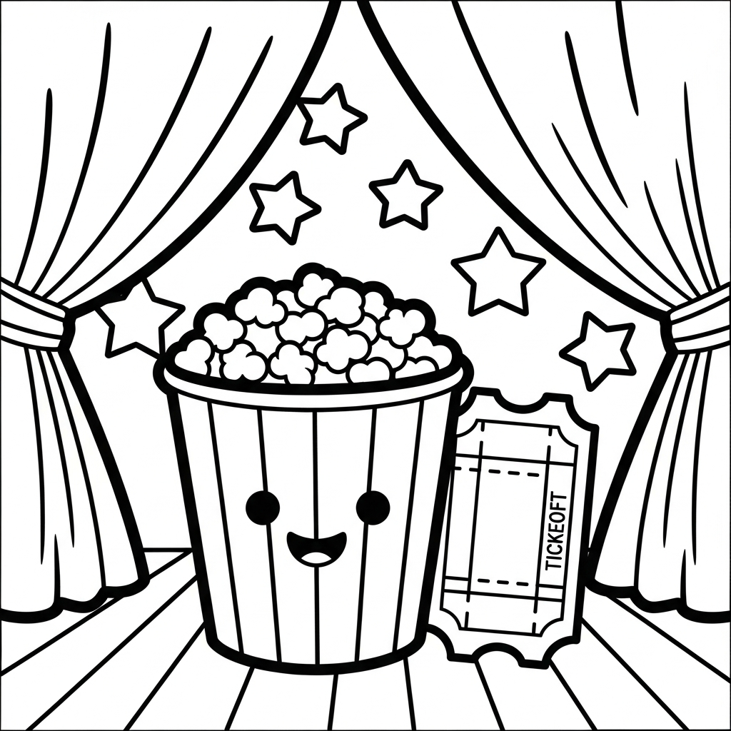 Página para Colorir com Balde de Pipoca e Ingresso de Cinema coloring page printable