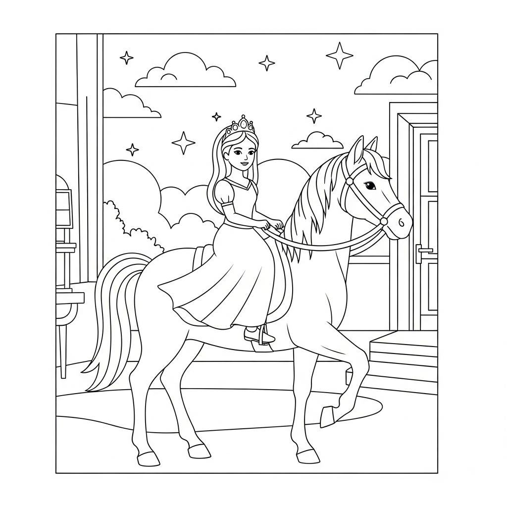 Página para Colorear: Princesa Fácil Montando un Caballo Blanco coloring page printable
