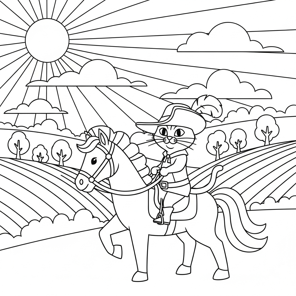 Página Para Colorear de Gato Con Botas y Caballo Fácil y Simple coloring page printable