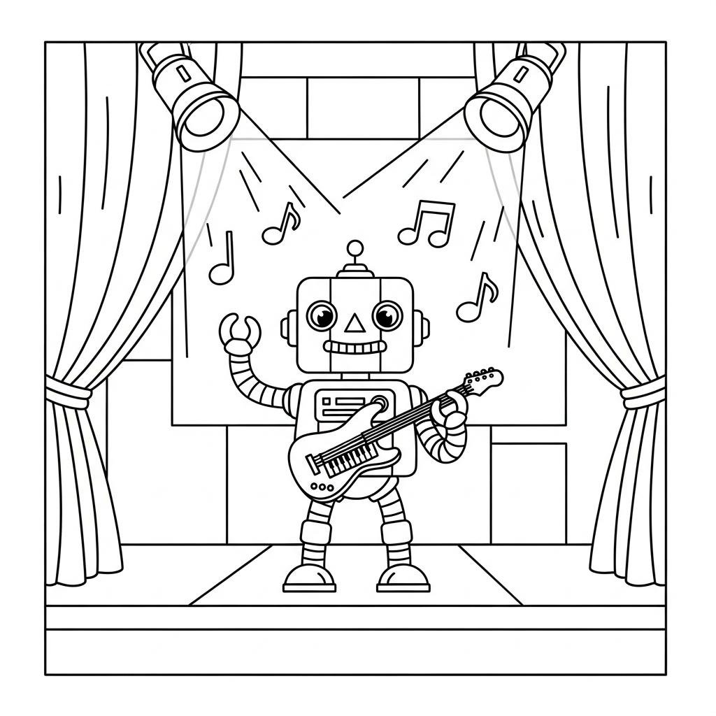 Fun Robot Playing Music Coloring Page for Kids coloring page printable