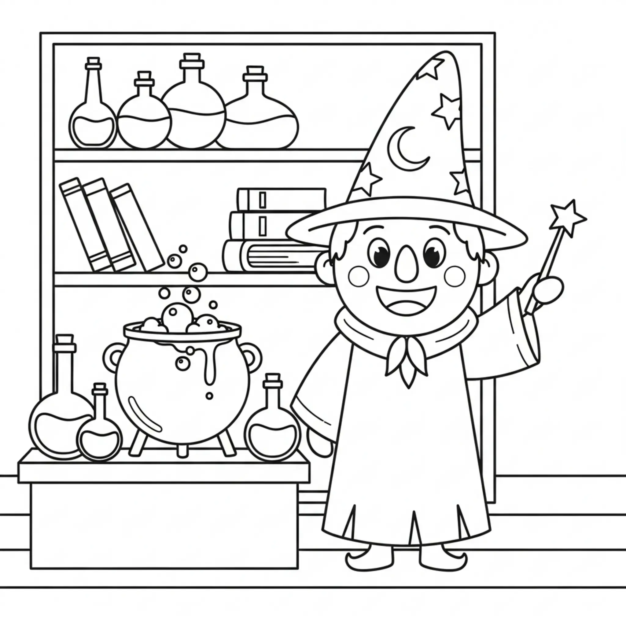 Einfacher Zauberer Neben Einem Brodelnden Zaubertrank-Labor Ausmalbild coloring page printable