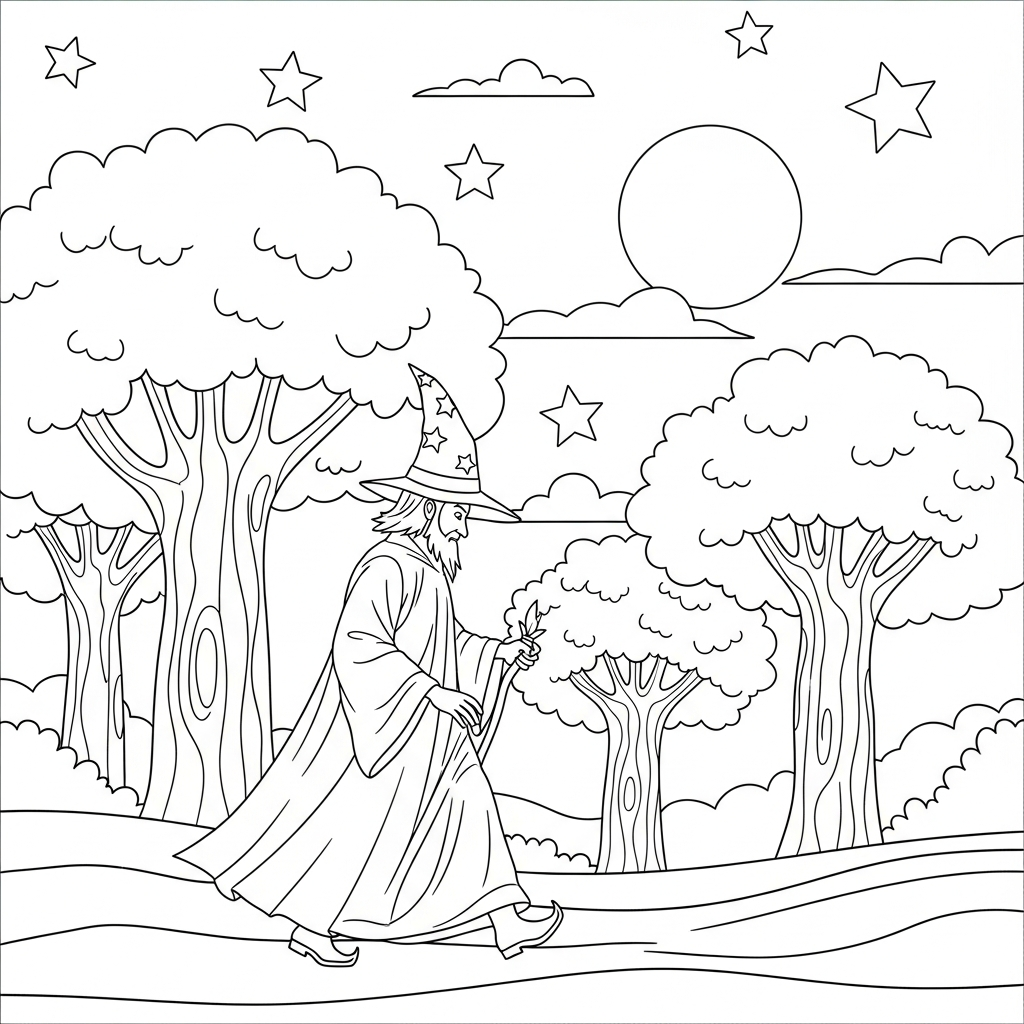 Fácil Desenho de Mago Caminhando por uma Floresta Encantada ao Luar coloring page printable