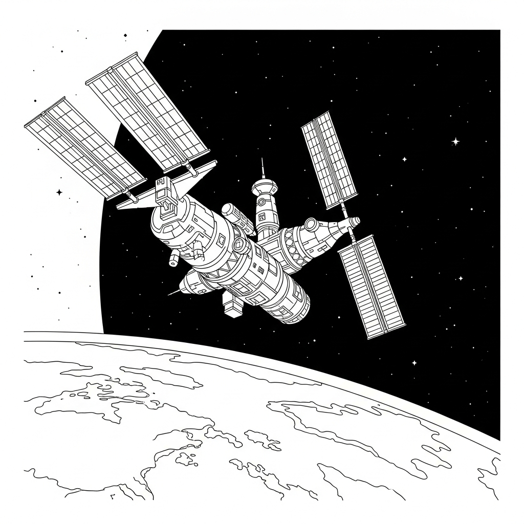 Page à Colorier : Station Spatiale Facile Orbitant la Terre coloring page printable