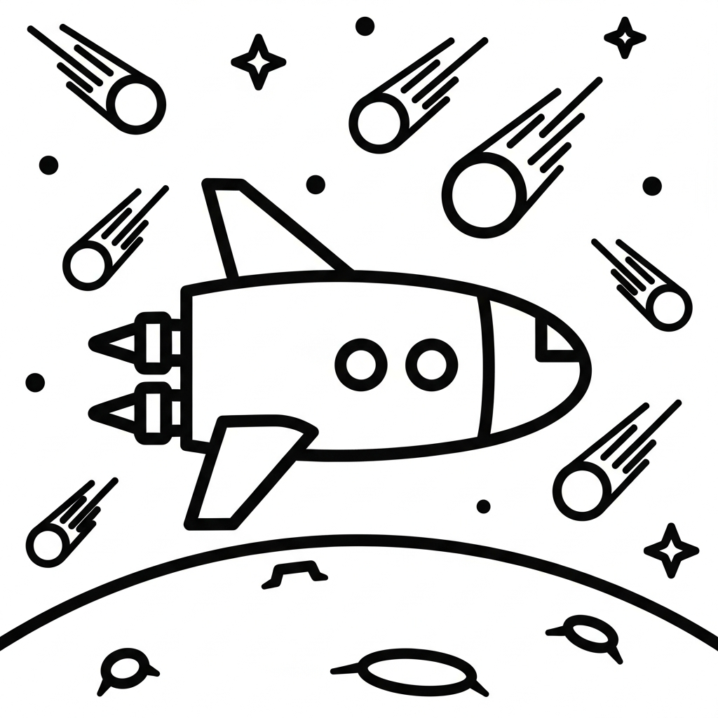Fun Spaceship Coloring Page in a Meteor Shower coloring page printable