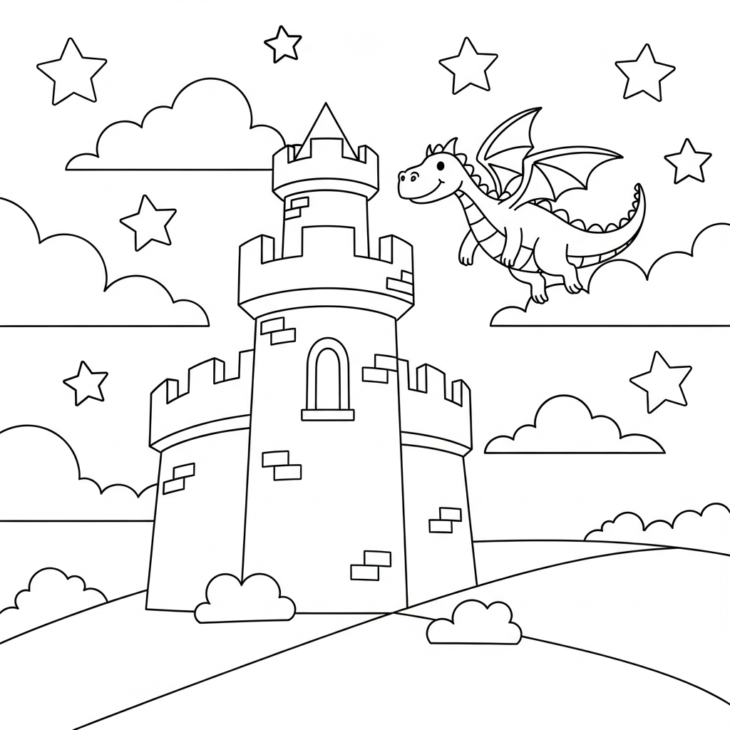 Flying Dragon Storybook Tower Coloring Page for Kids coloring page printable