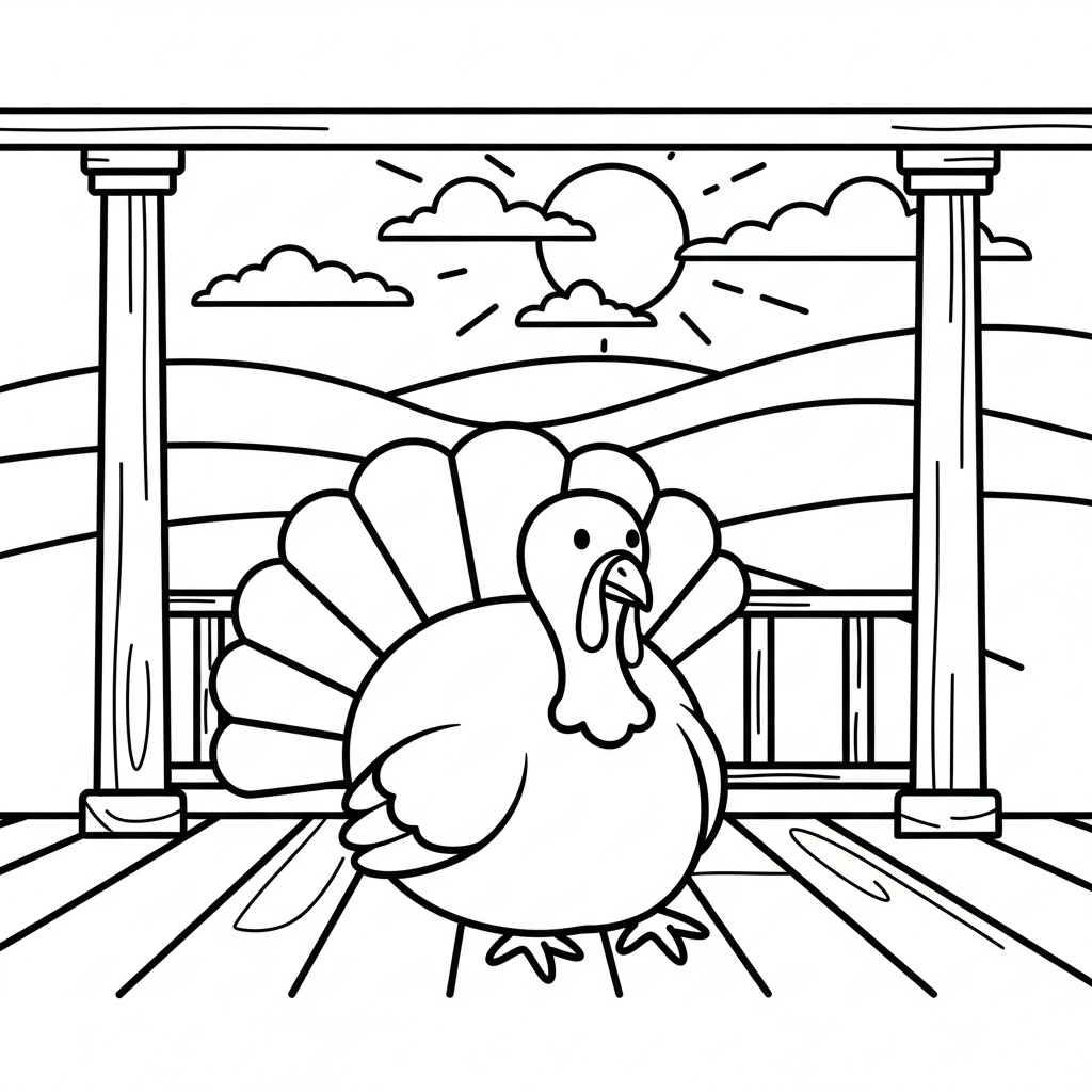 Einfache Ausmalbild eines Thanksgiving Truthahns auf einer rustikalen Farmveranda coloring page printable