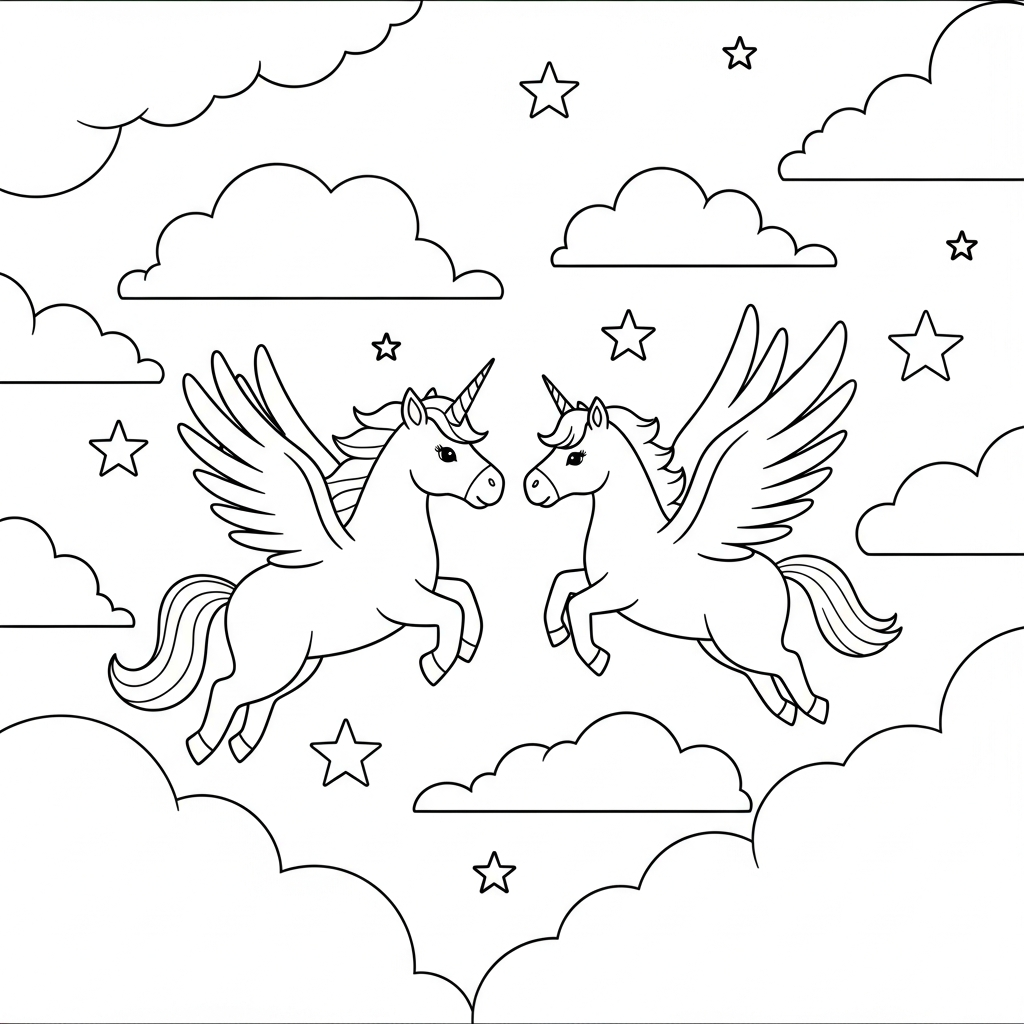 Páginas para Colorir de Unicórnio e Pégaso no Céu - Fácil e Divertido coloring page printable