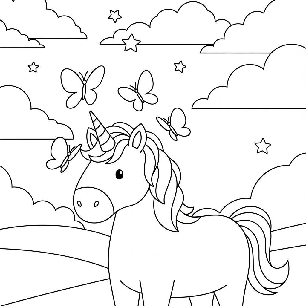 Facile Colorazione di Unicorno con Compagni Farfalla coloring page printable
