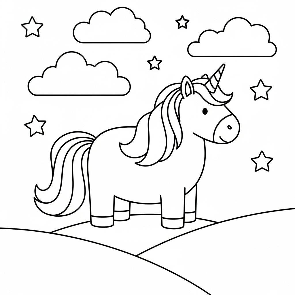 Cute Unicorn Coloring Page with Rainbow Mane coloring page printable