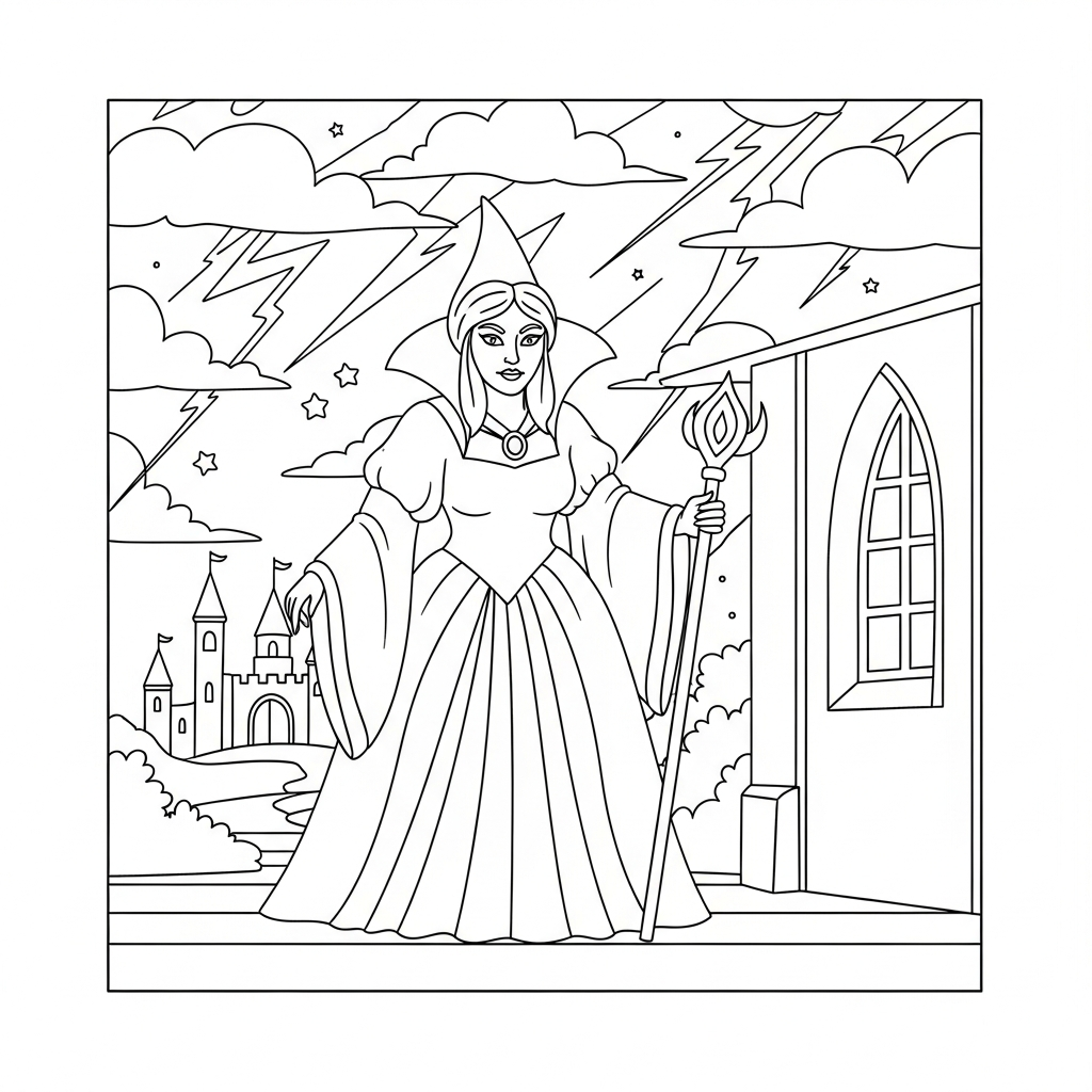 Pagina da Colorare della Cattiva Matrigna Sotto un Cielo Tempestoso Fuori dal Castello coloring page printable