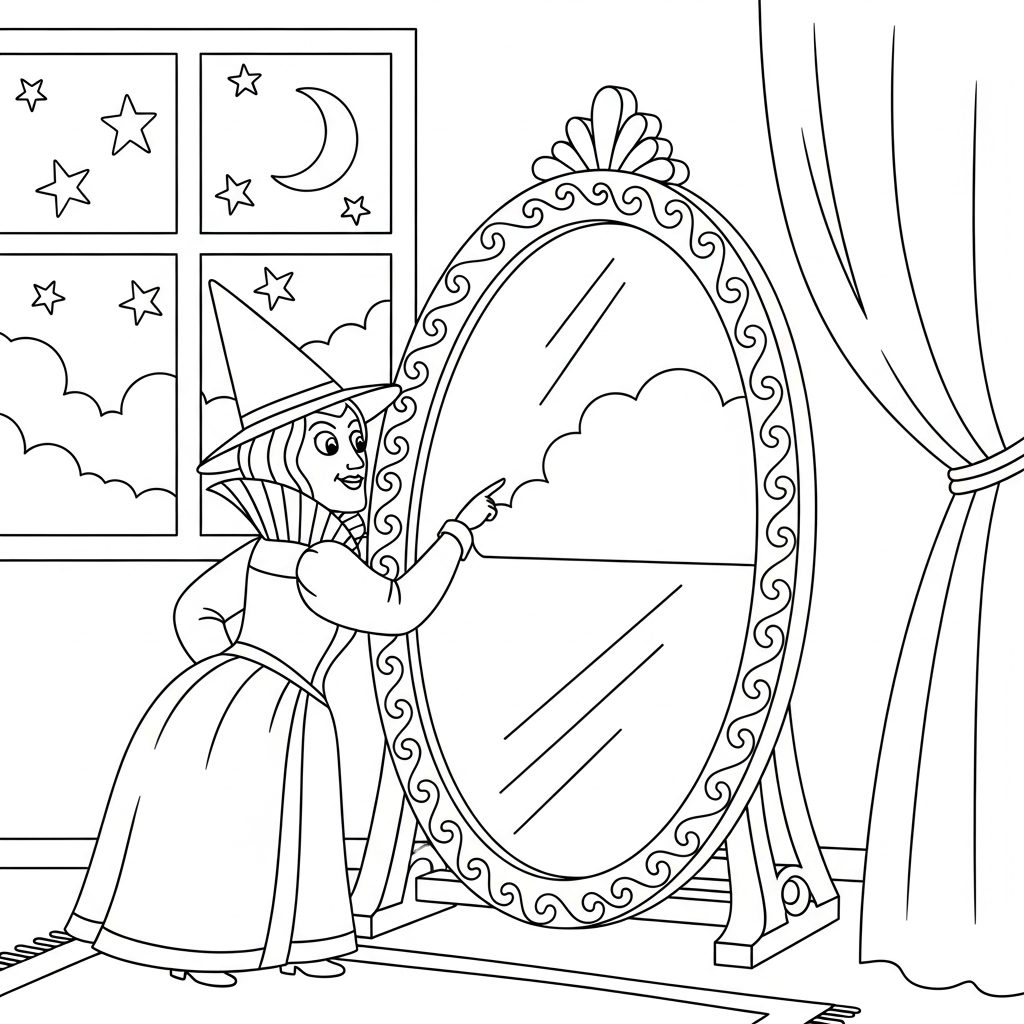 Einfache Böse Stiefmutter mit Zauberspiegel Malvorlage coloring page printable