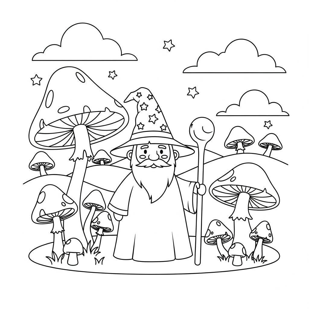 Charming Wizard Coloring Page in a Mushroom Forest coloring page printable