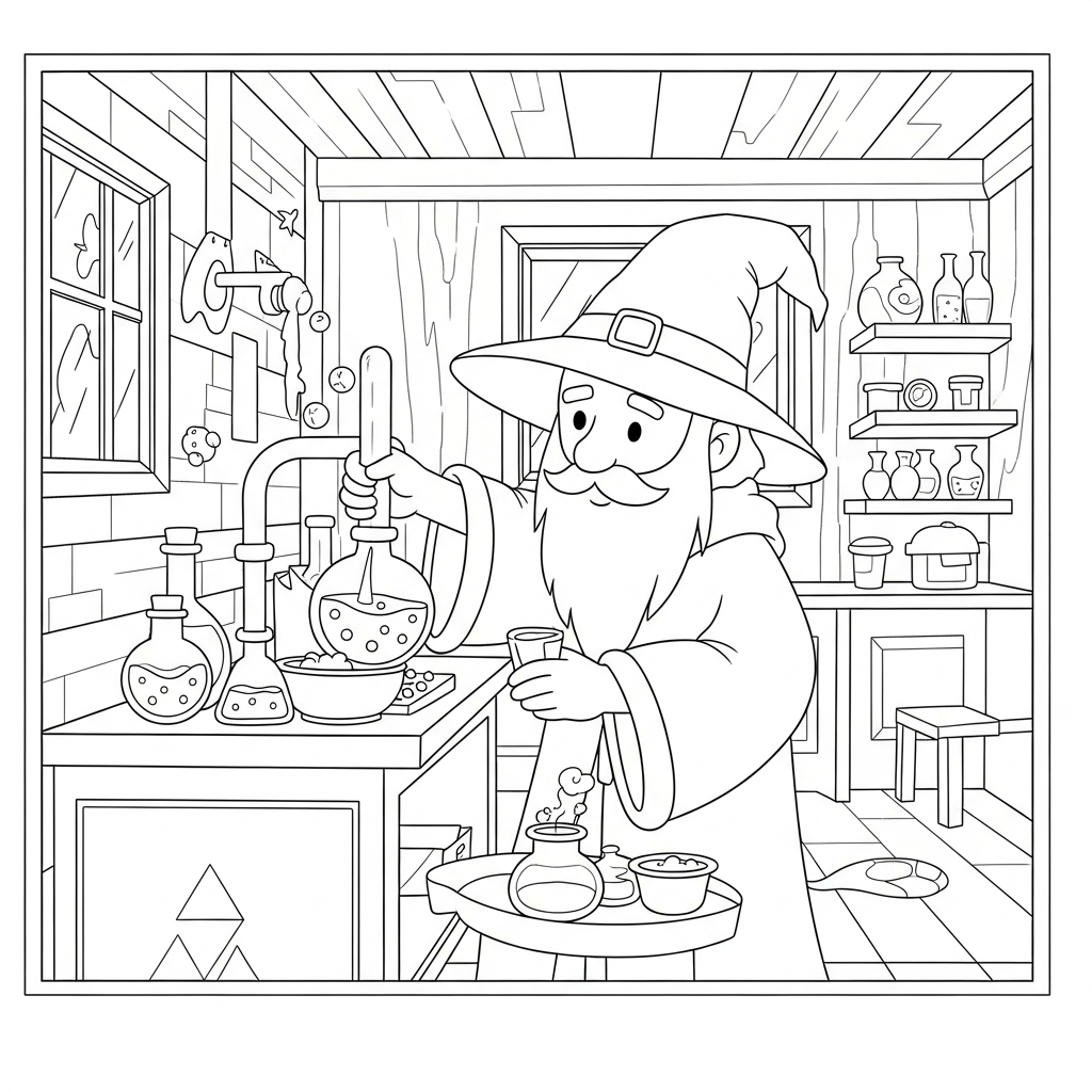 Coloring Page: Easy Wizard Mixing Potions in a Magical Lab coloring page printable
