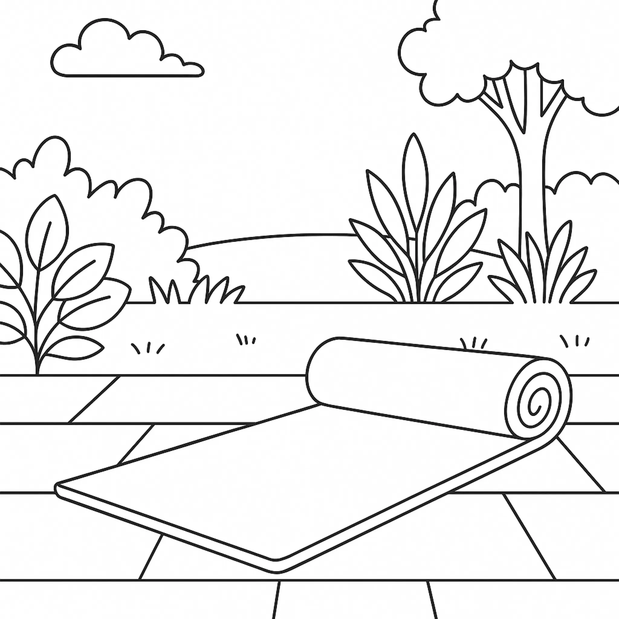 Entspannende Yoga-Matte in einer friedlichen Gartenlandschaft zum Ausmalen coloring page printable