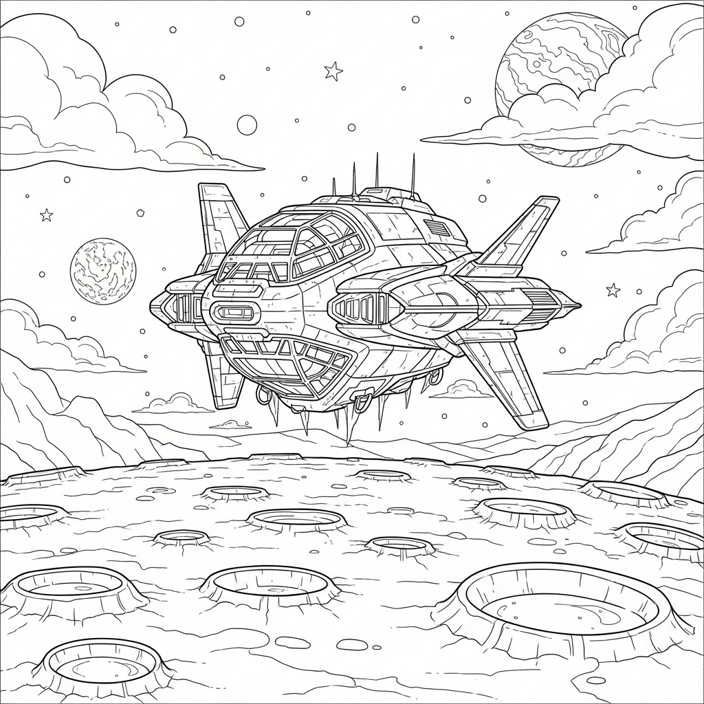 Desenho para Colorir de Nave Alienígena Realista Sobre a Superfície da Lua Craterada coloring page printable