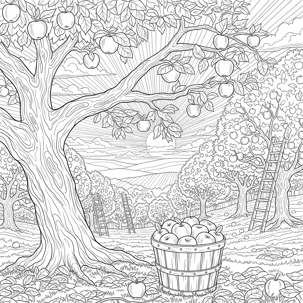 Detailed Apple Orchard Harvest Coloring Page coloring page printable