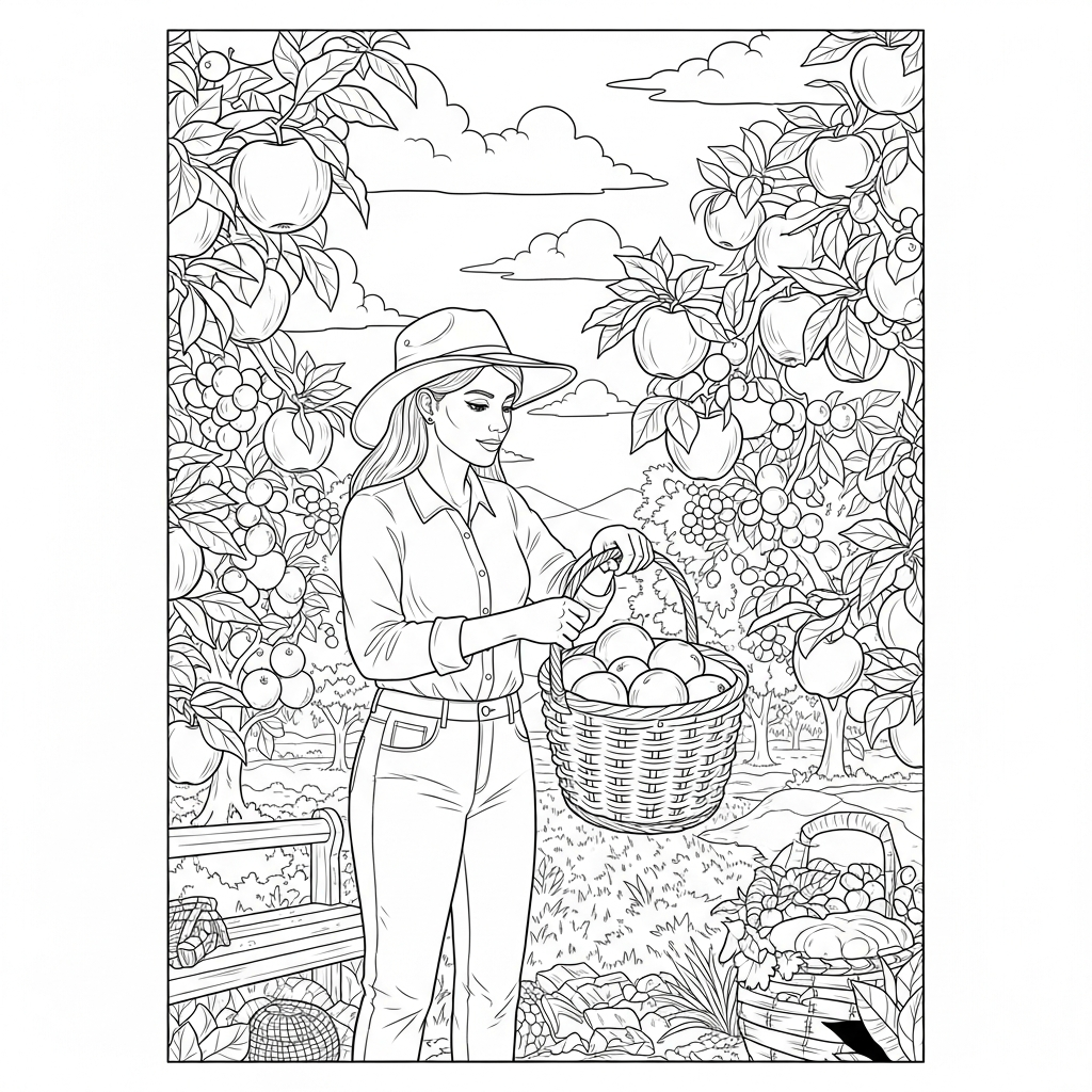Moeilijke Realistische Kleurplaat van Appels Plukken in de Boomgaard coloring page printable