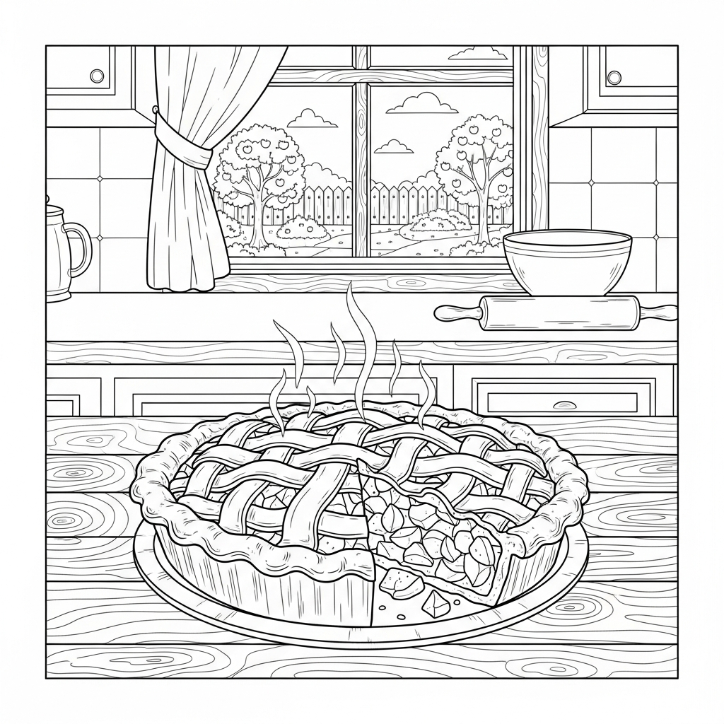Página para Colorir de Torta de Maçã Realista Difícil na Mesa coloring page printable