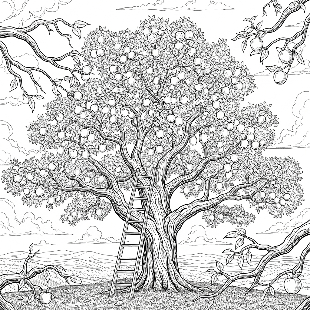 Realistic Apple Tree with Ladder Coloring Page for Adults and Kids coloring page printable