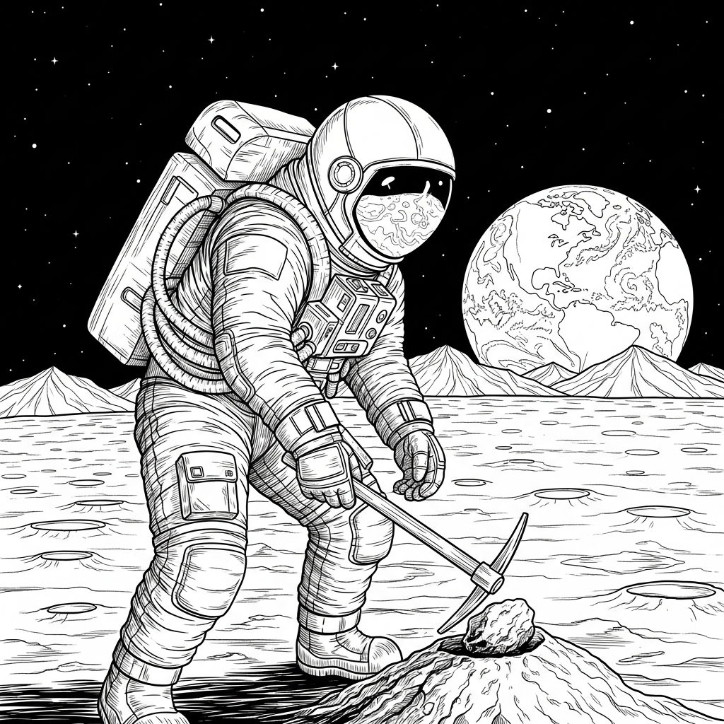 Schwierigkeitsgrad: Realistischer Astronaut beim Sammeln von Mondgestein Ausmalbild coloring page printable