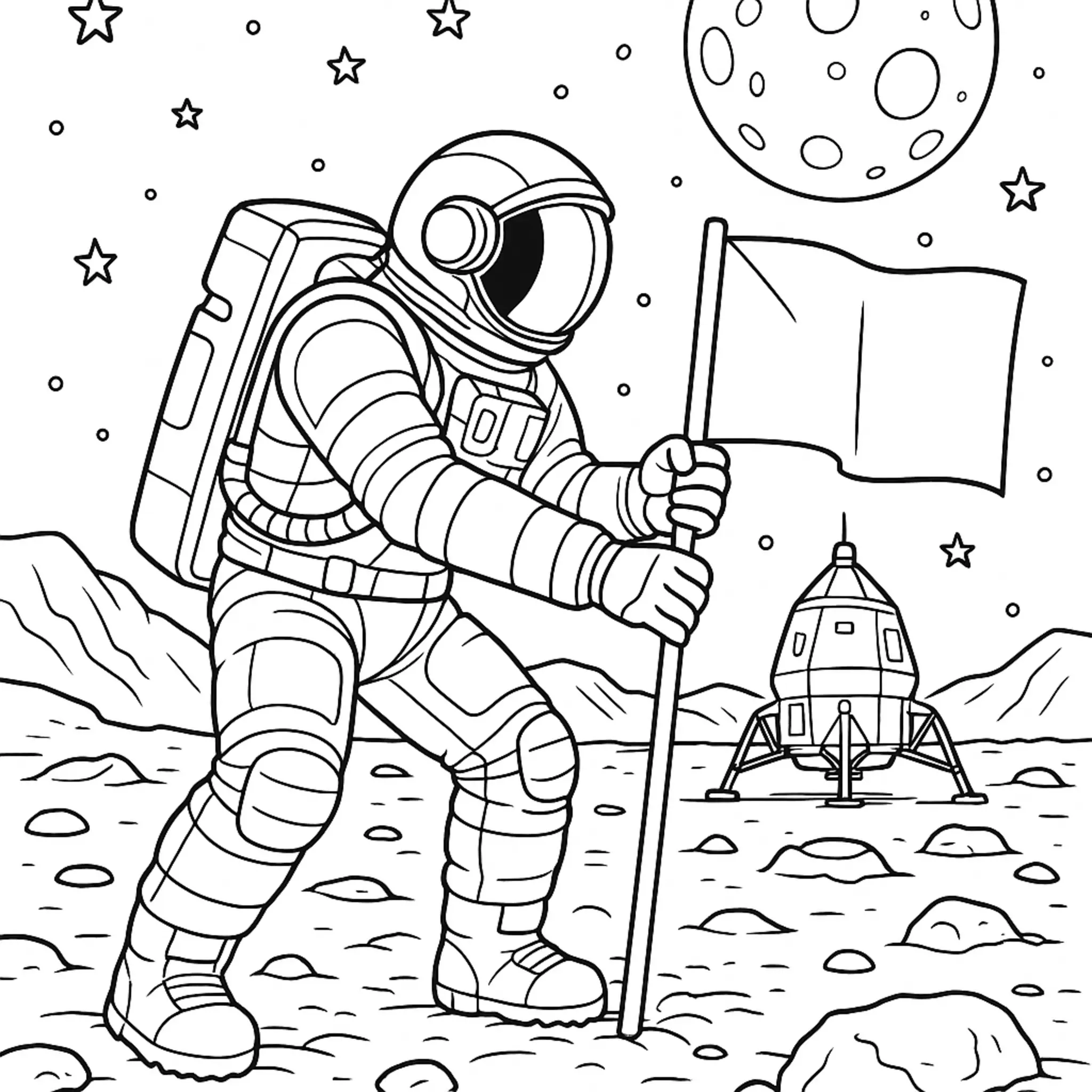 Colora l'Astronauta Realistico che Pianta la Bandiera sulla Superficie Lunare coloring page printable