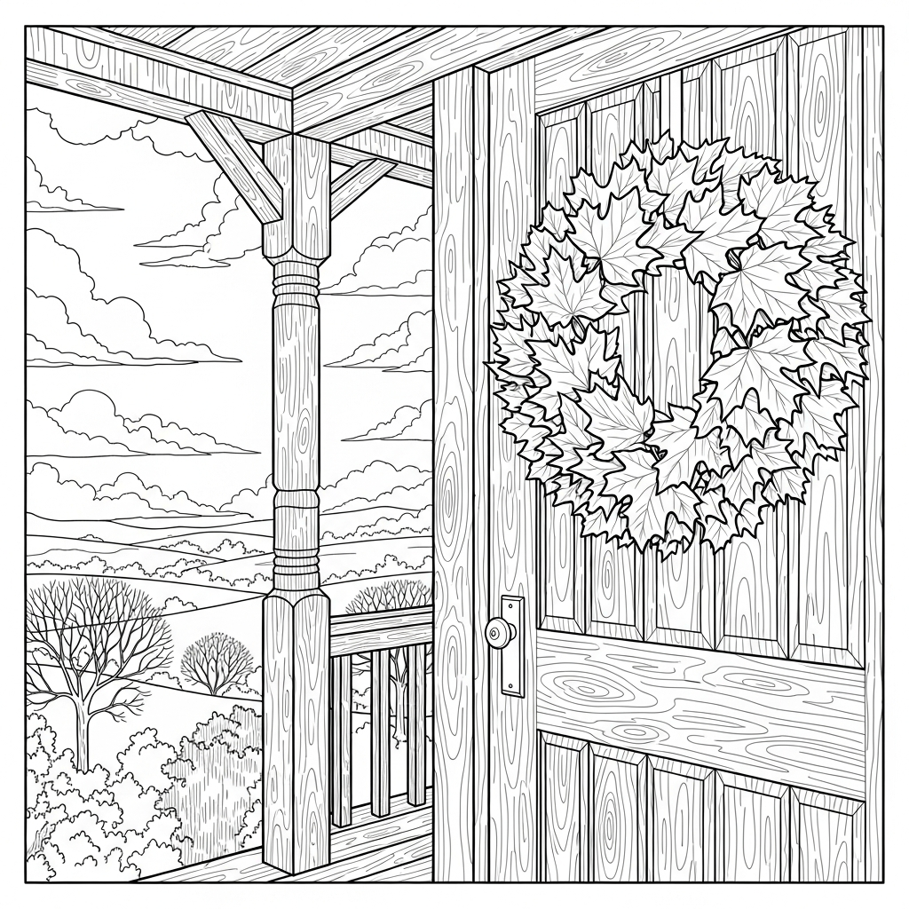 Couronne Automnale Réaliste en Feuilles d'Érable sur le Porche de Ferme - Page à Colorier coloring page printable