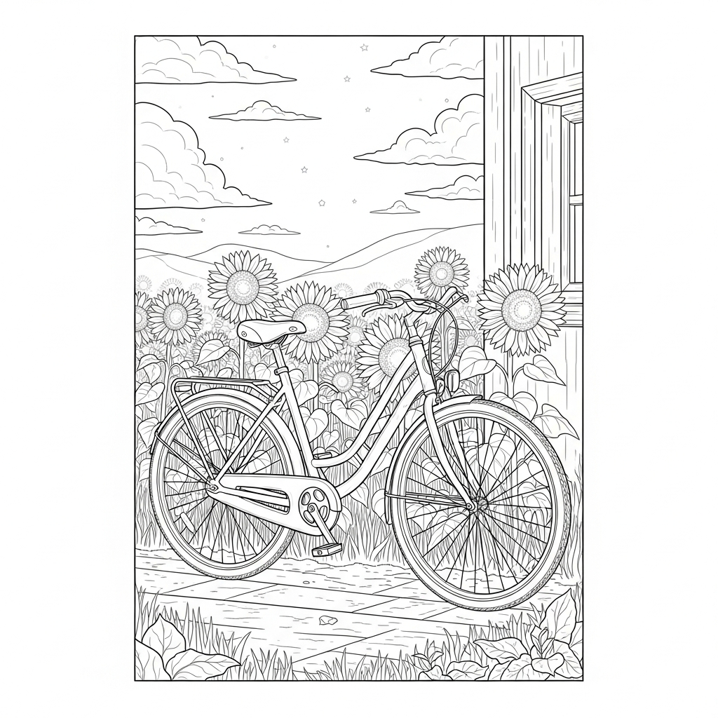 Disegno da Colorare: Bicicletta Realistica in un Campo di Girasoli coloring page printable