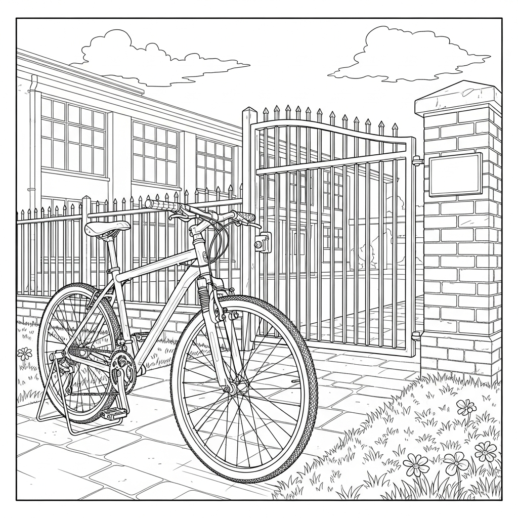 Realistic Bicycle Coloring Page by School Gate coloring page printable