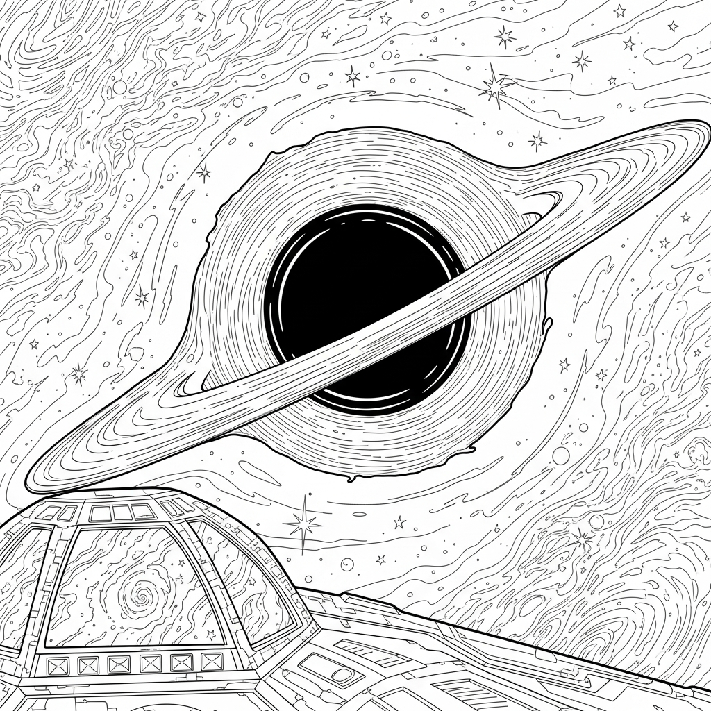 Page à Colorier de Trou Noir Réaliste dans une Scène Spatiale Scientifique coloring page printable