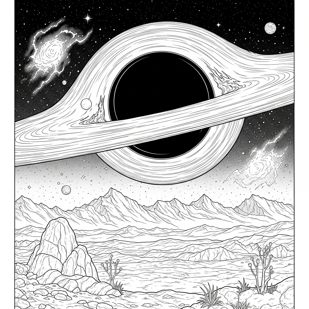 Moeilijke Realistische Kleurplaat van een Zwarte Gat met Accretieschijf coloring page printable