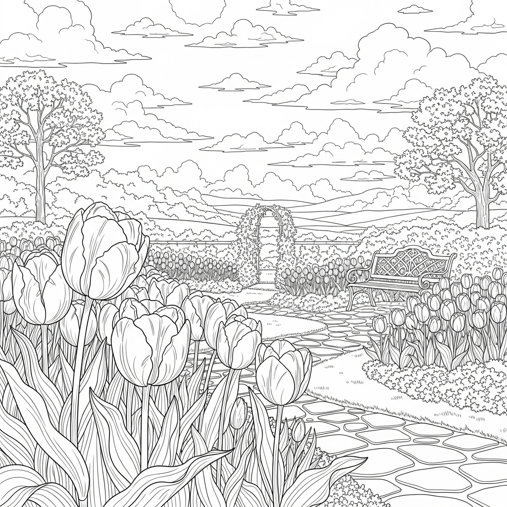 Colora i Tulipani Fiorenti in un Giardino Primaverile: Pagina da Colorare Difficile coloring page printable