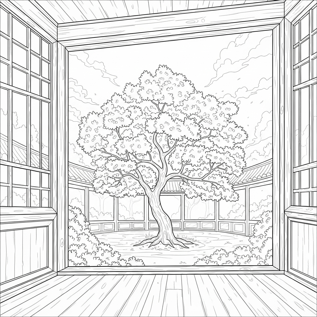 Schweres Realistisches Ausblühendes Kirschbaum-Motiv in einem Ruhigen Innenhof Malblatt coloring page printable
