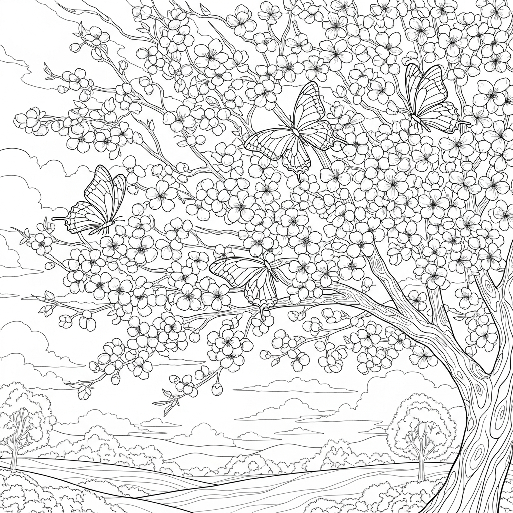 Schwierige realistische blühende Kirschbaum-Varianten mit Schmetterlingen Malvorlage coloring page printable