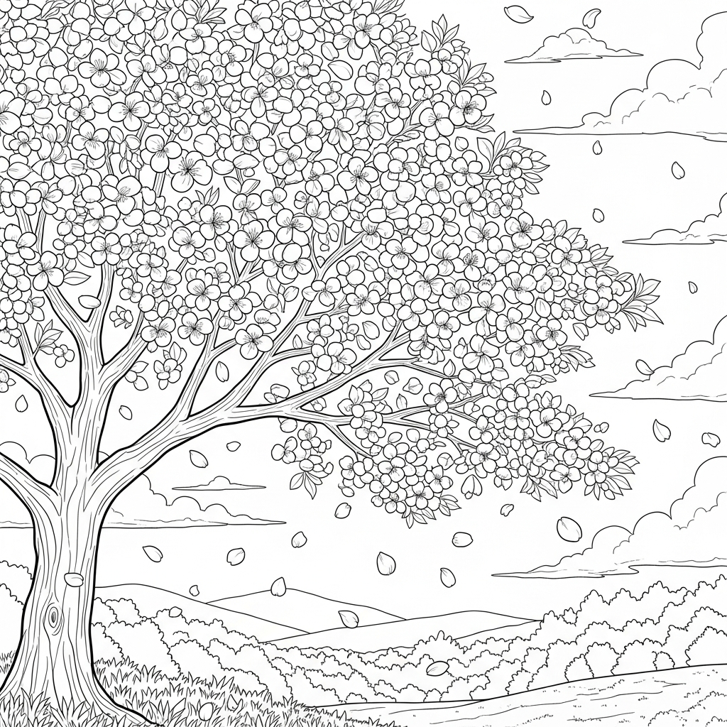 Page de Coloriage D'un Cerisier En Fleurs Réaliste Difficile Avec Des Pétales Tombants coloring page printable