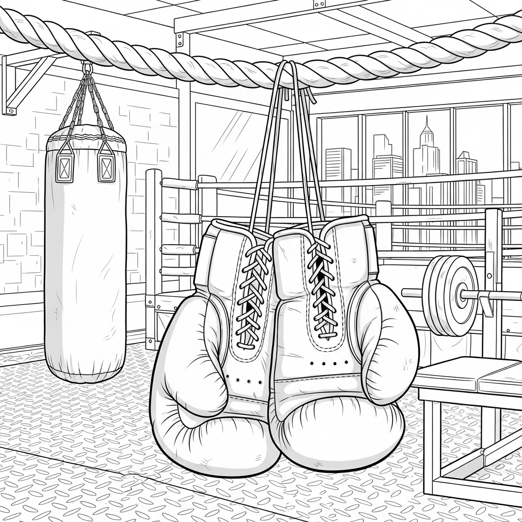 Desenho para Colorir de Luvas de Boxe Realistas Pendentes na Academia coloring page printable