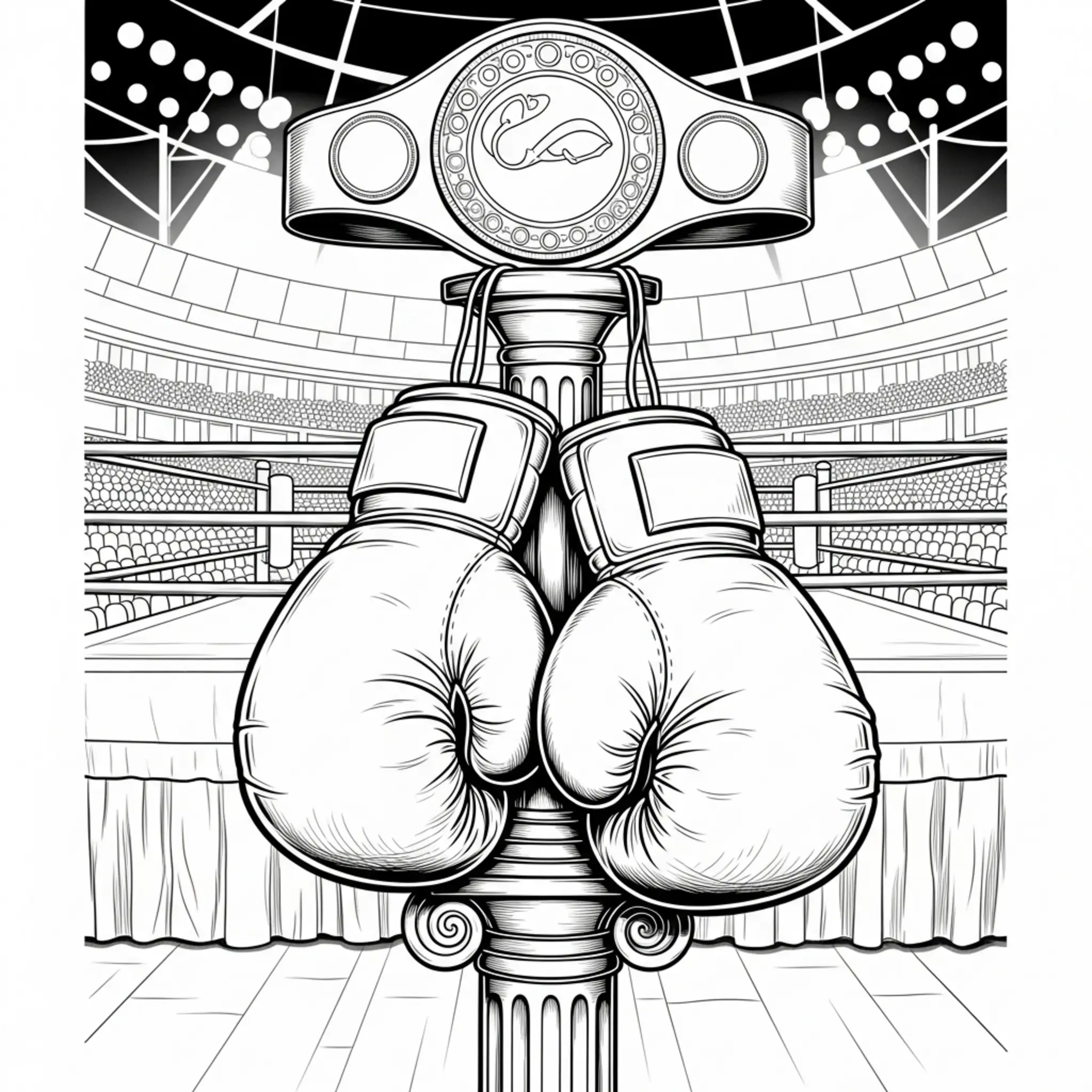 Realistische Kleurplaat van Bokshandschoenen op Trofee Stand coloring page printable