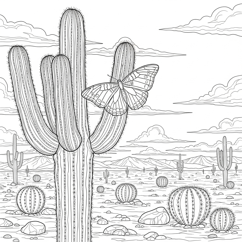 Challenging Cactus and Butterfly Coloring Page coloring page printable