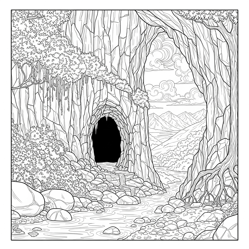 Challenging Cave Entrance with River Coloring Page coloring page printable