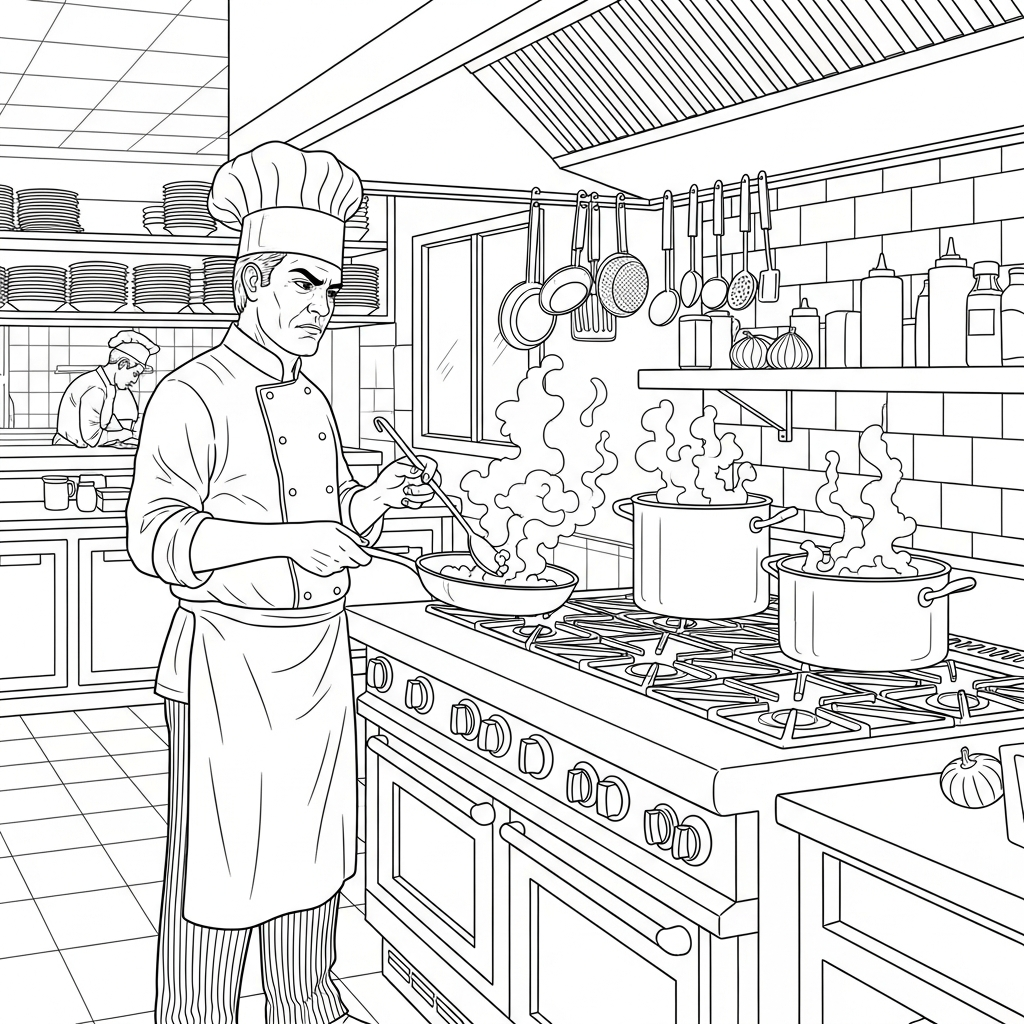 Harter realistischer Koch neben dem Herd Ausmalbild coloring page printable