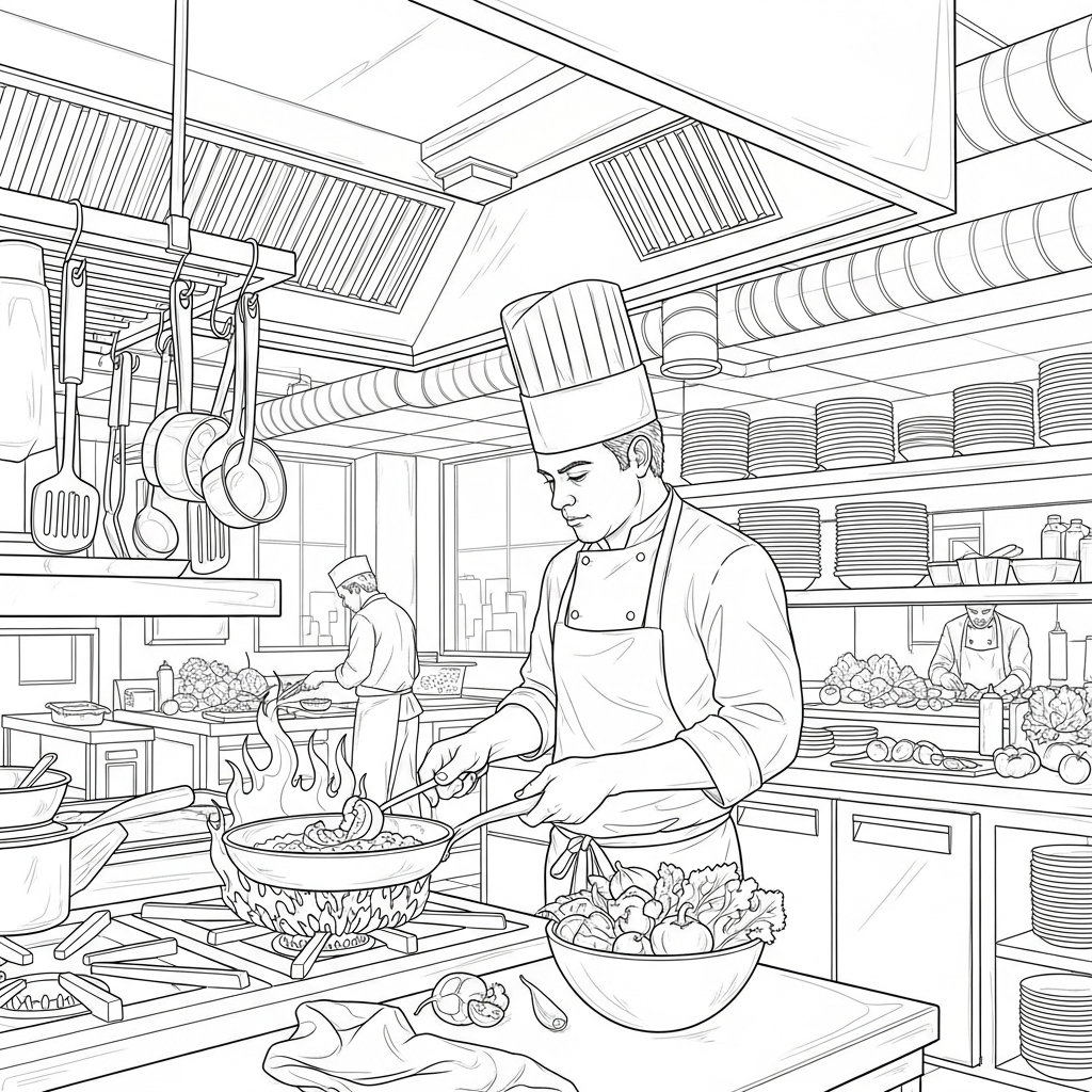 Disegno da Colorare: Chef Realistico in Cucina coloring page printable